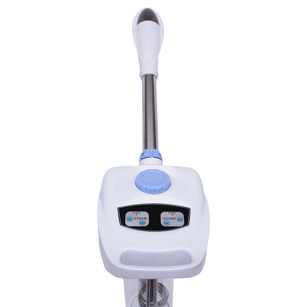 White handheld device with a blue handle and control panel on a white background