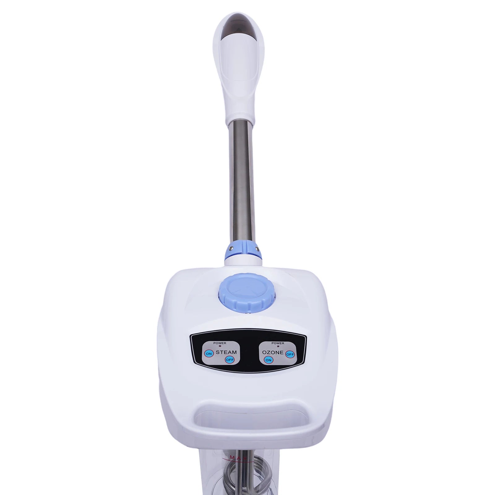 White handheld device with a blue handle and control panel on a white background