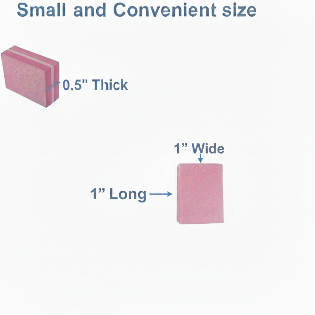 Pink square object being held between fingers with measurements labeled