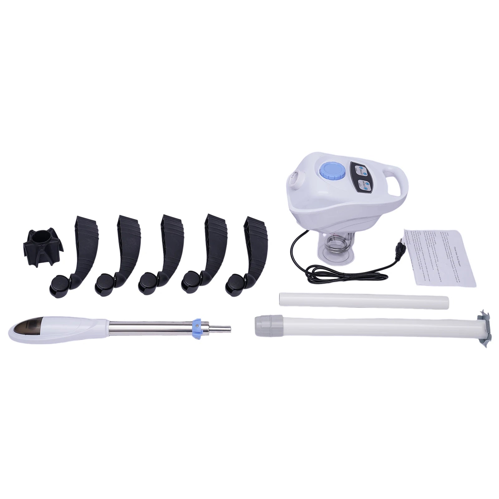 Set of dental tools including a light, handpiece, and attachments on a white background