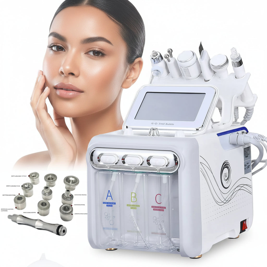 Beauty device with attachments and a woman's face on a white background