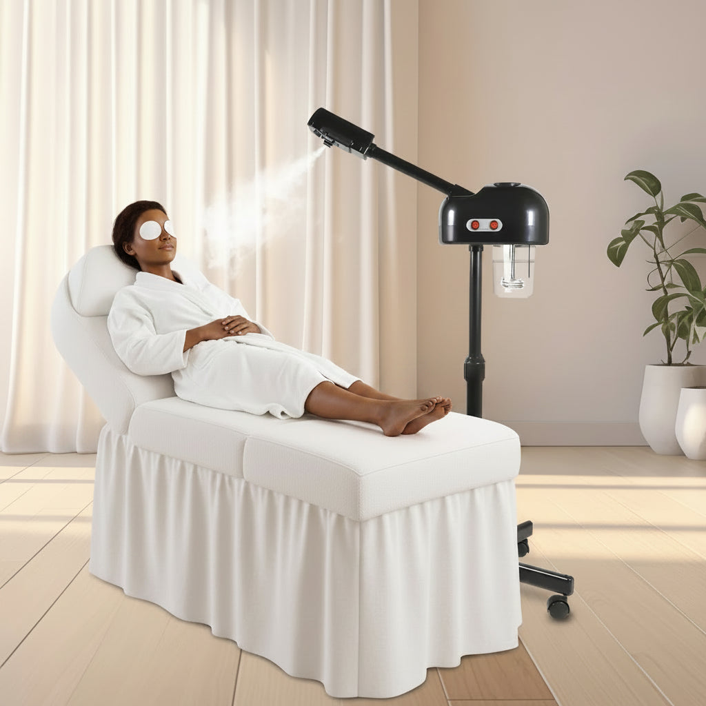 Woman sitting in a chair with a black adjustable lamp in a room with light-colored walls and a plant.