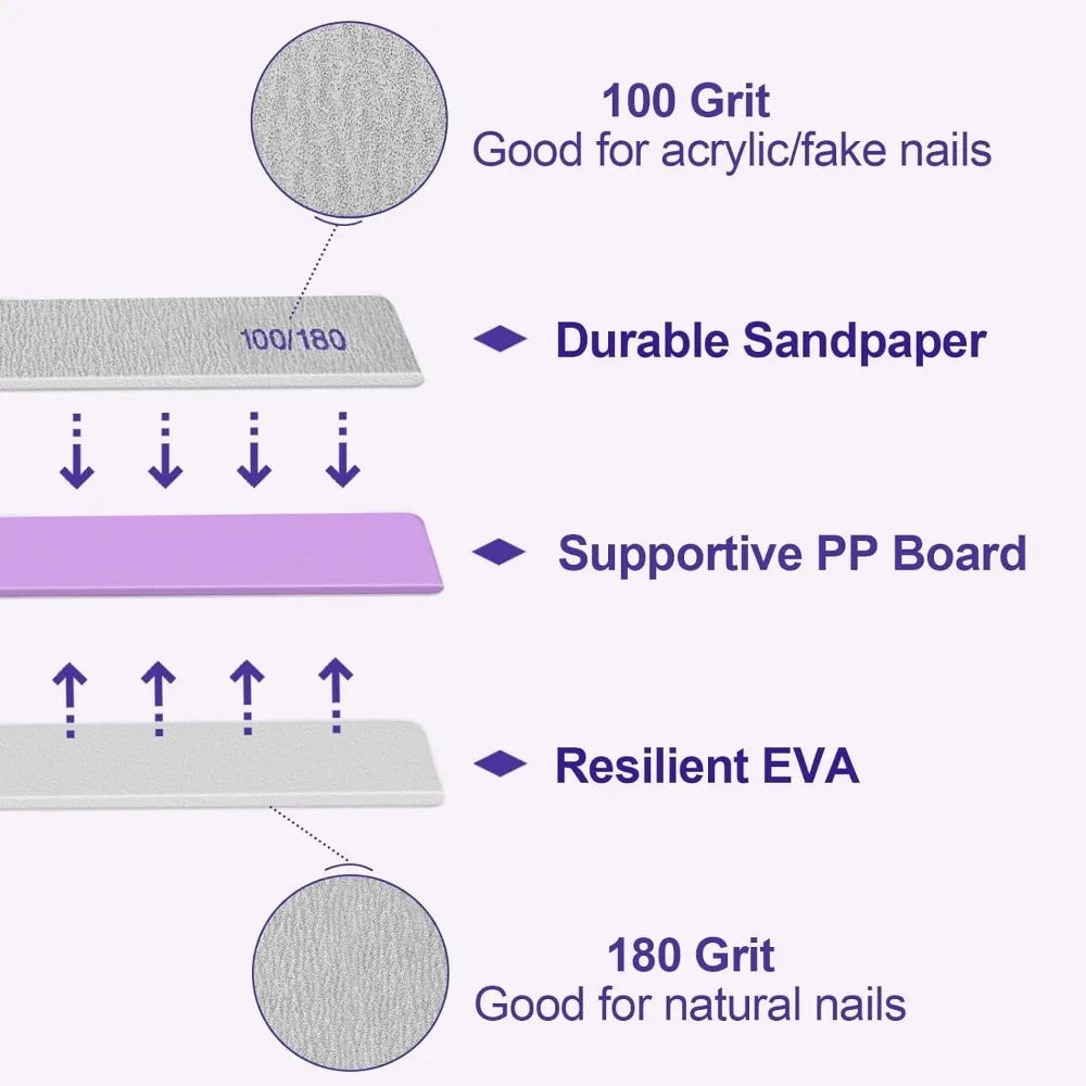 100/180 Grit - Nail File for Acrylic and Natural Nails, Double-sided, Reusable (12 Count)