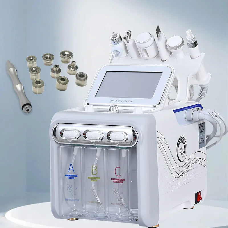Beauty device with attachments and bottles on a light gray background