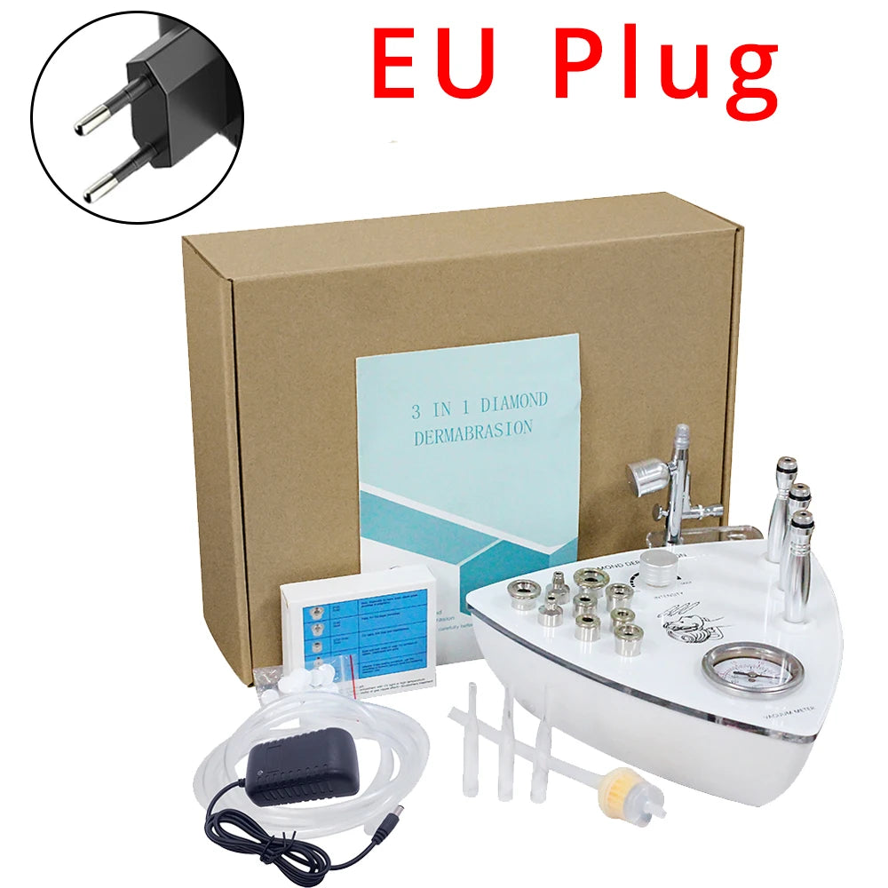 Diamond dermabrasion machine with accessories and EU plug adapter on a white background