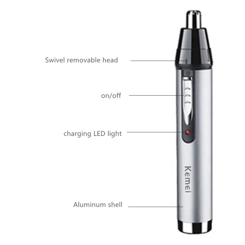 Silver electric nose hair trimmer with labeled features on a white background