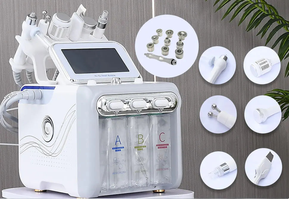 Skincare device with various attachments on a wooden background