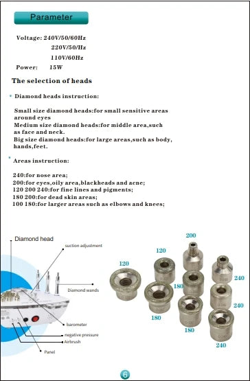 Technical specifications and diamond heads for a cosmetic tool on a white background