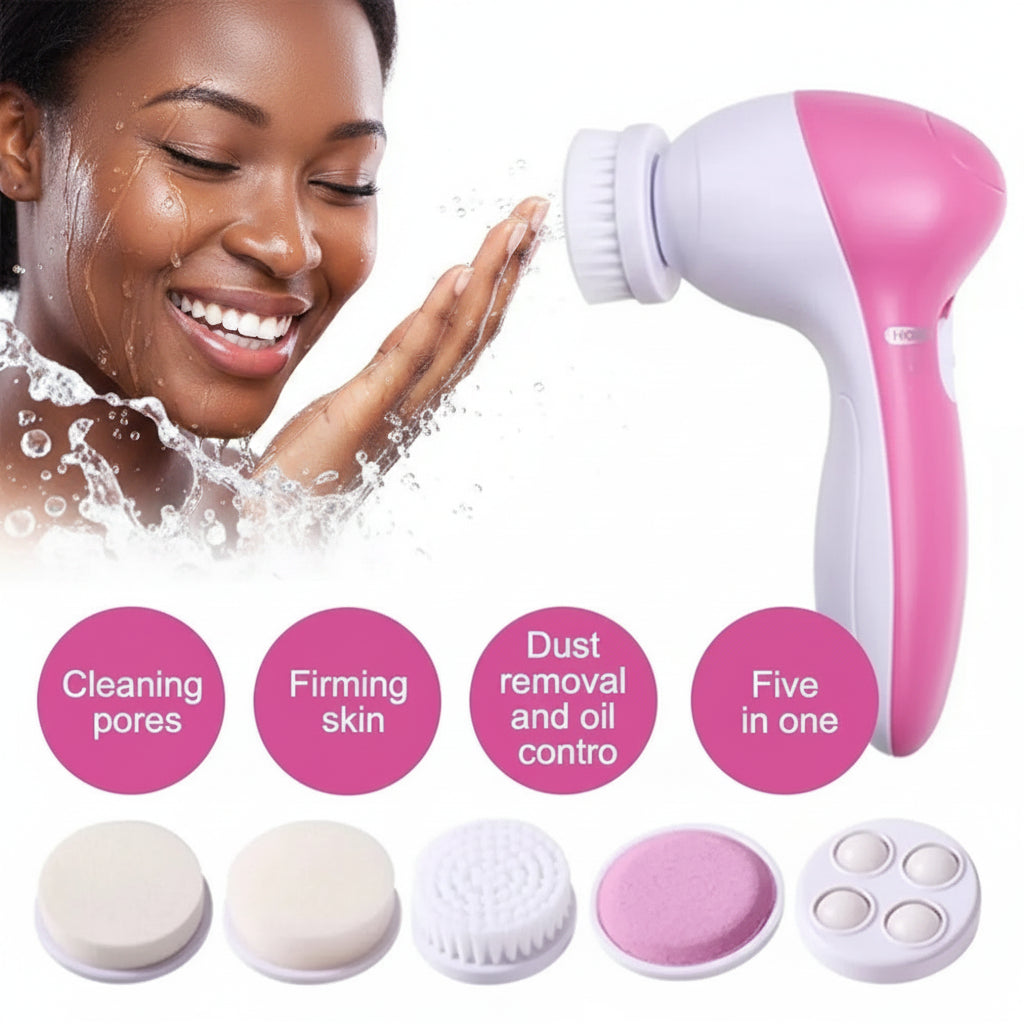Pink and white facial cleansing device with attachments and a smiling woman in the background.
