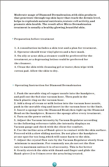Text document with instructions on diamond dermabrasion treatment