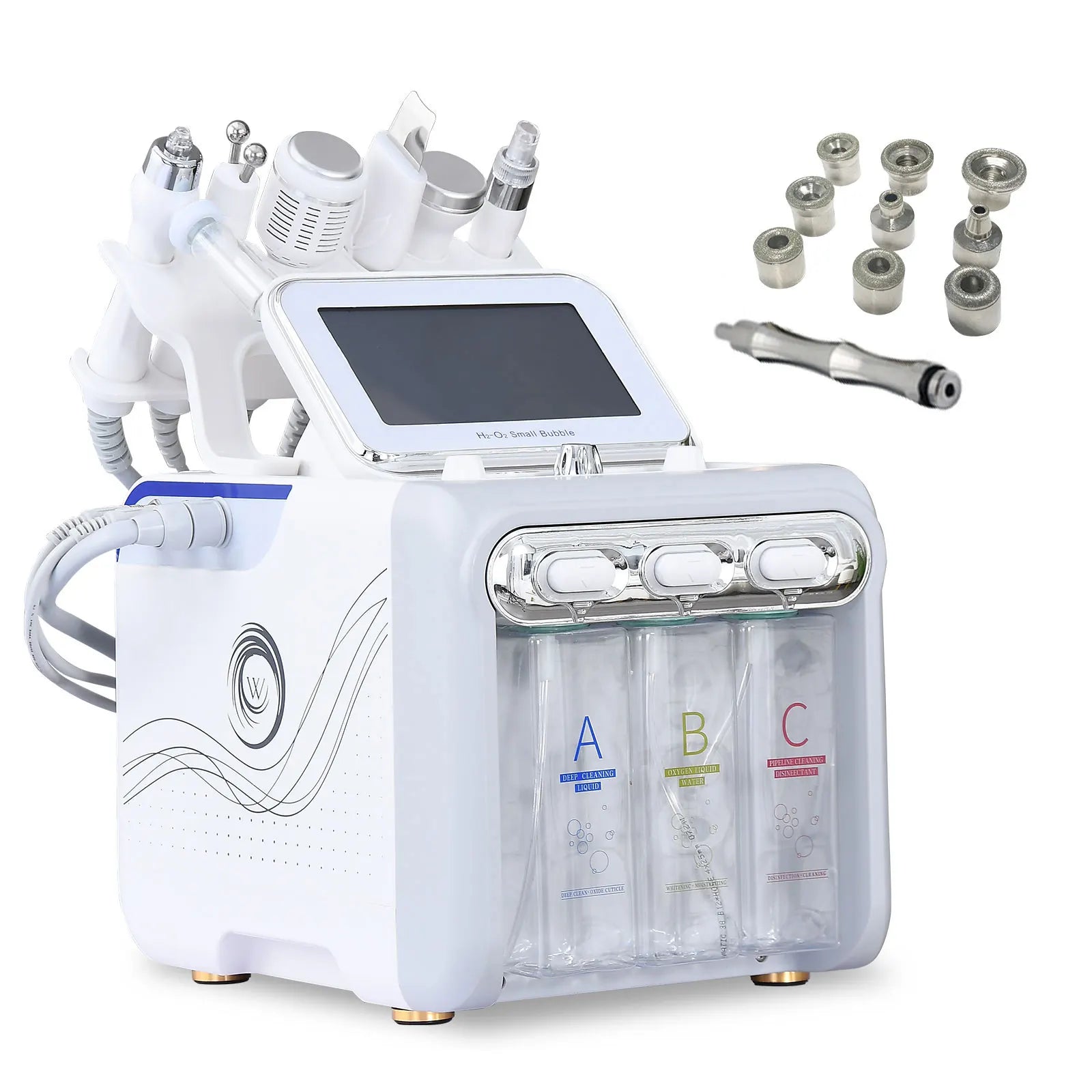 Beauty device with multiple attachments on a white background