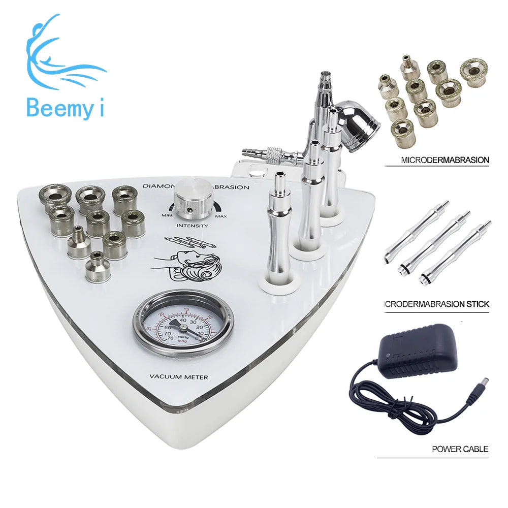 Beauty device with attachments and power cable on a white background, featuring the brand 'Beemy i'.
