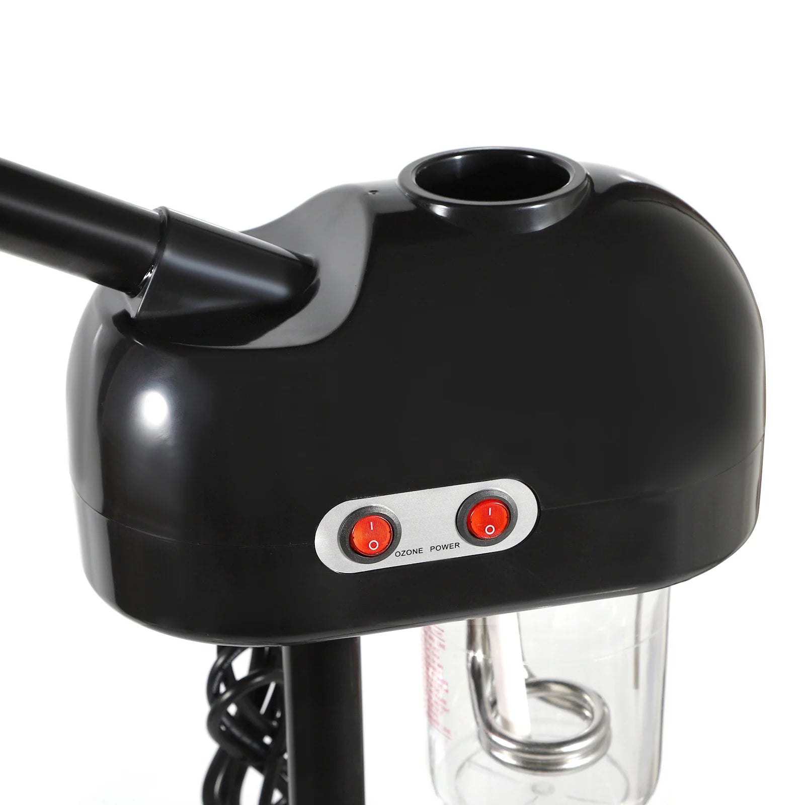 Black hair dryer with control panel on a white background