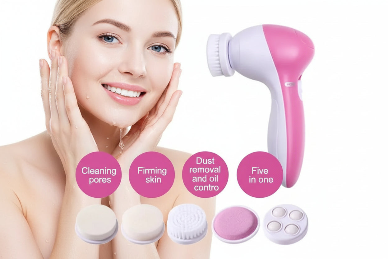 Pink and white facial cleansing device with attachments and a smiling woman in the background.