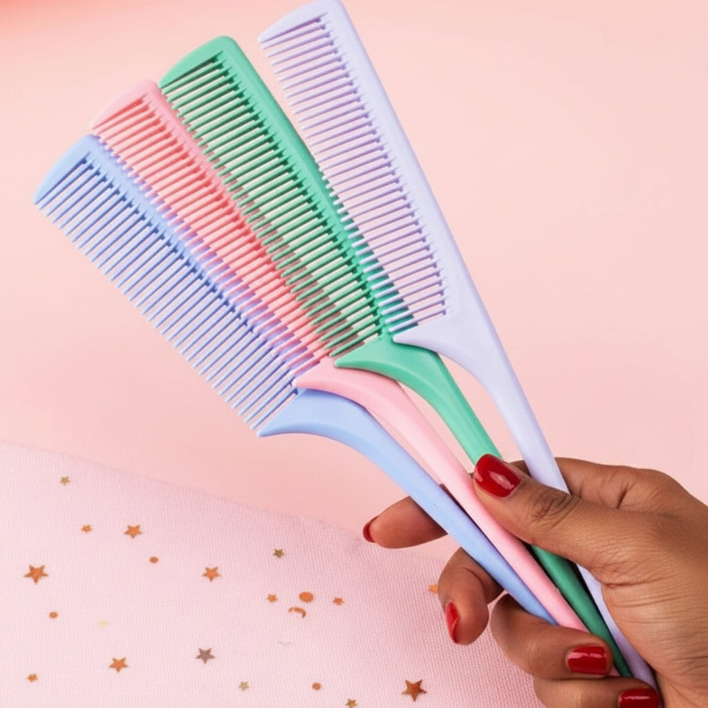 Three colorful combs (blue, green, pink) held by a hand against a pink background with star patterns.