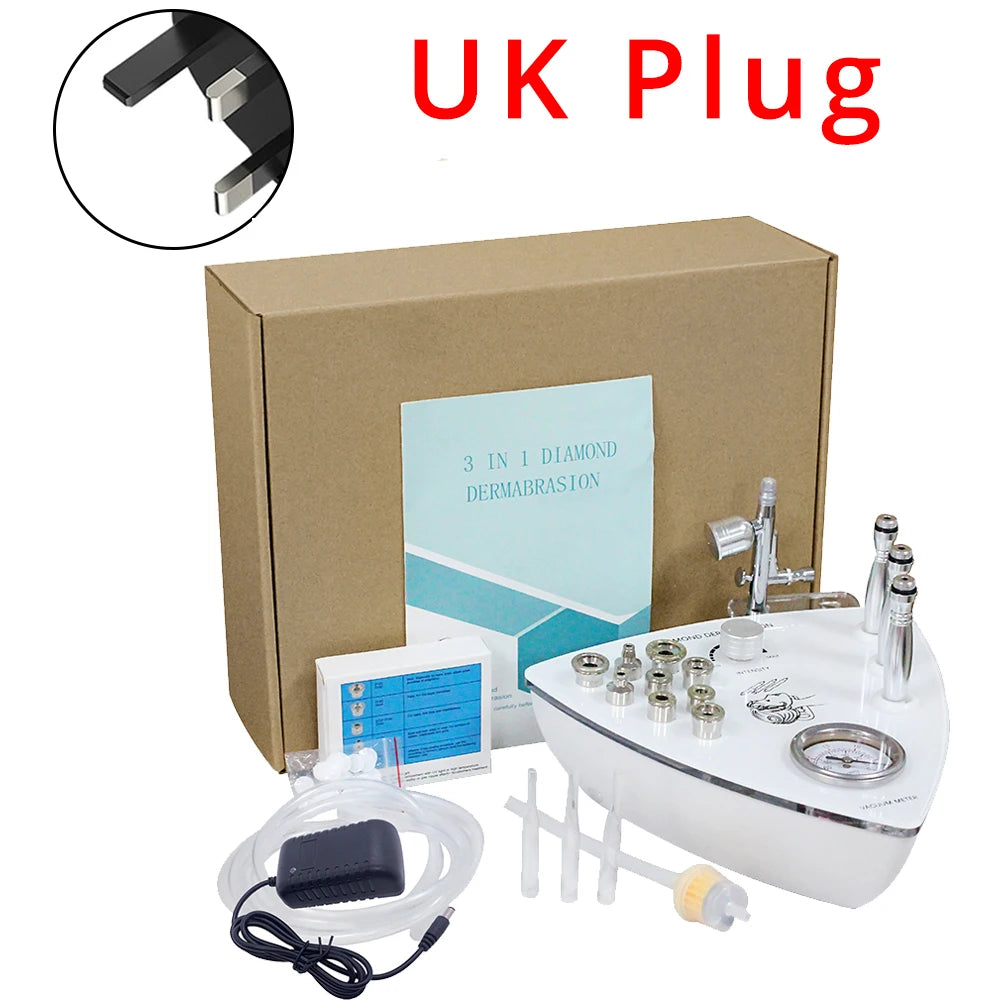 Cosmetic machine with accessories and a cardboard box on a white background, featuring 'UK Plug' text.