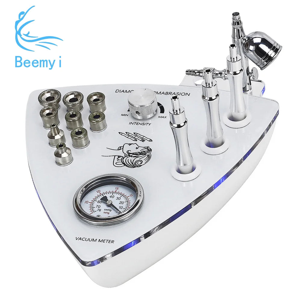 Diamond Microdermabrasion device with various attachments on a white background, featuring the brand 'Beemy i'.
