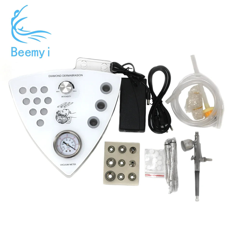 Diamond dermaroller kit with various components on a white background, featuring the brand 'Beemy i'.