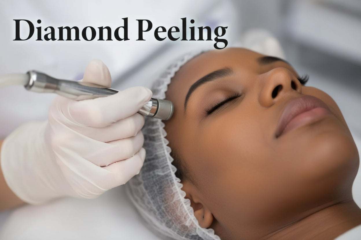 Diamond peeling procedure being performed on a person's face with a tool held by a gloved hand.