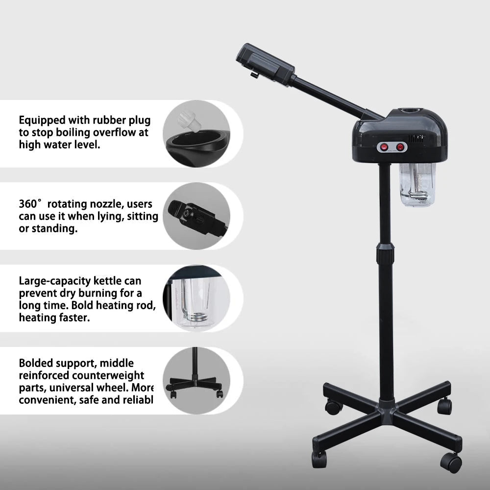 Black stand with heating element and features listed on a gray background