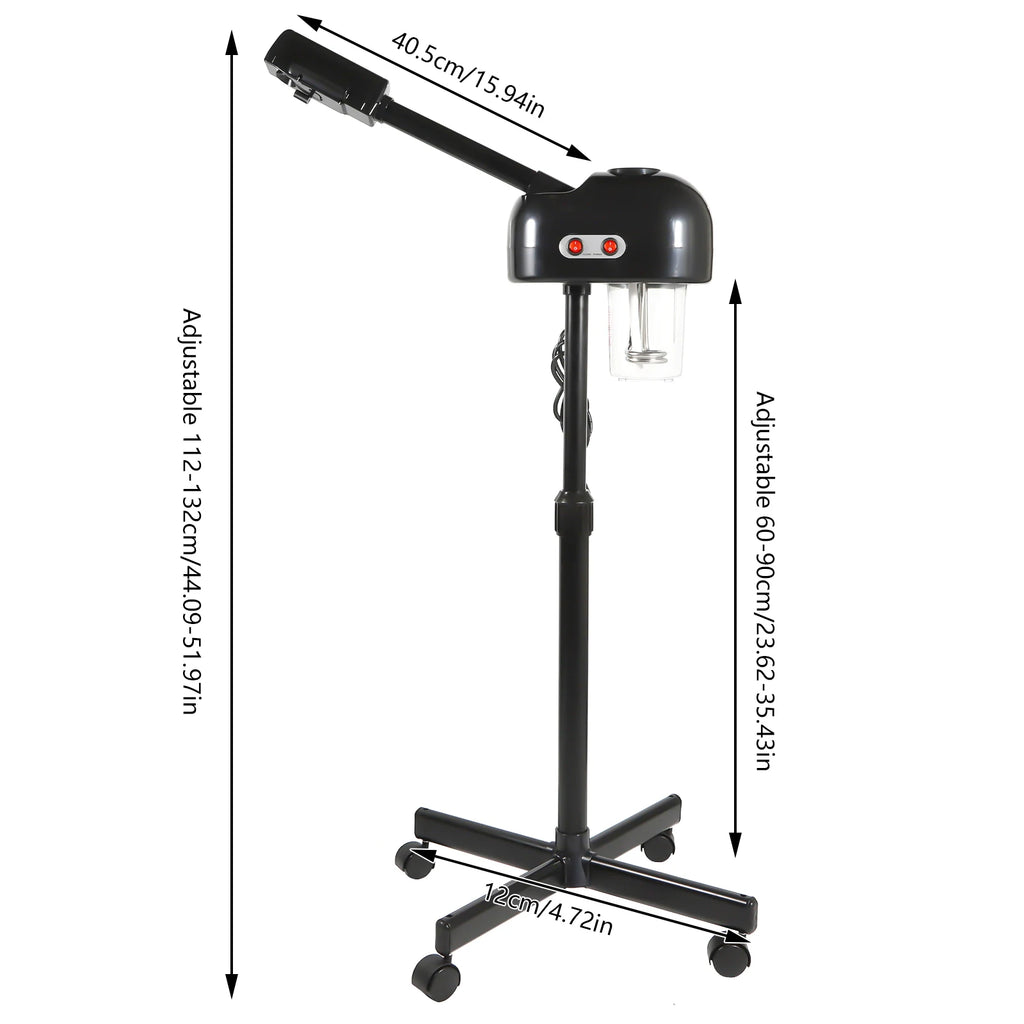 Black hair dryer stand with adjustable height and wheels on a white background