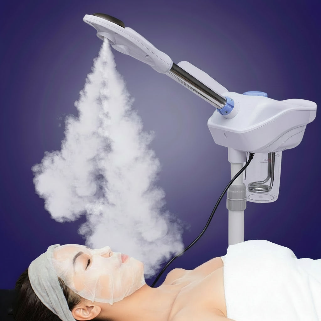 Person receiving a steam facial treatment with a handheld device on a dark background